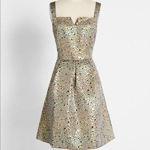 ModCloth Silver and Bold Iridescent Jacquard Fit and Flare Feather Dress
